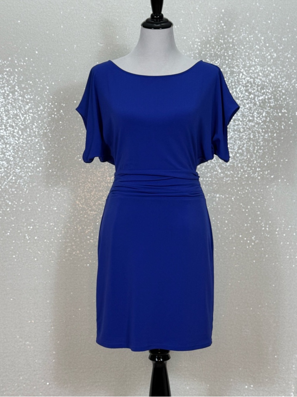 Ann Taylor Petite Blue Dress SP Ruched Waist Stretch Knee Length Easy Pullover
